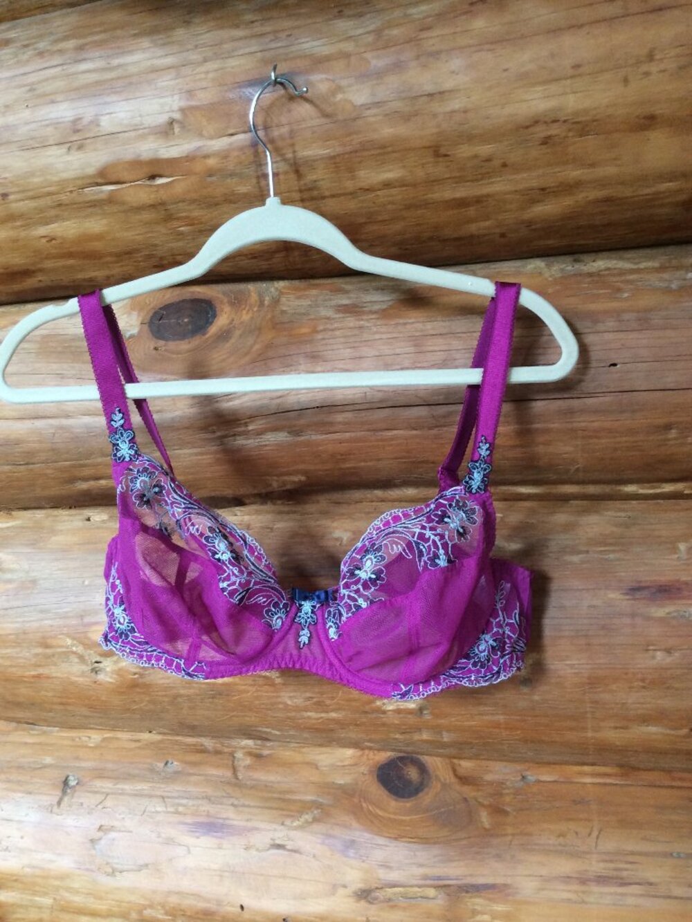 Fantasie Purple Floral Metallic Thread Embroidered Underwire Sheer Bra Size 36DD